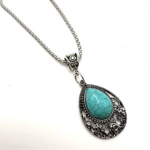 Simulated Turquoise Teardrop Pendant Silver Tone Necklace | N125